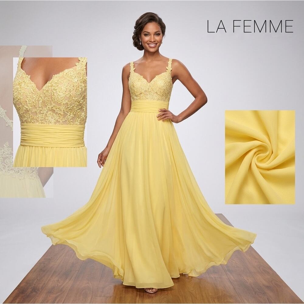 LA FEMME Lemon Yellow Lace & Chiffon Gown  Embellished Dress Size 8 19882